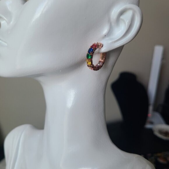 Gorgeous Vintage Rose Gold Rainbow Gemstone Crystal Hoop Earrings Multicolour - Picture 7 of 12
